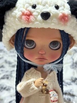 Custom Blythe Style Doll Tan Skin Freckles Blue Hair Elf Ears OOAK