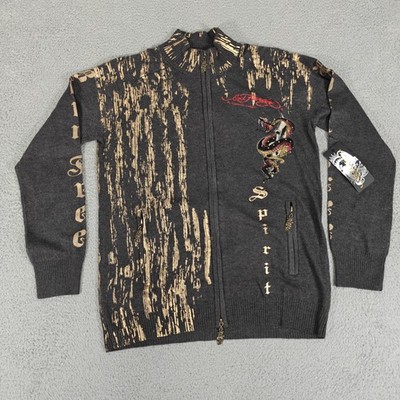 Ed Hardy Sweater Mens Medium Gray Gold Dragon Spirit Full Zip Wool Knit Jacket