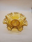Vintage Fenton Amber Glass 10" Thumb Print Ruffled Bowl 3 hole Candle Holder