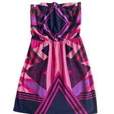 Express Pink Purple Geometric Strapless Mini Dress Size M Smocked Elastic Waist