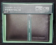 Perry Ellis Portfolio PASSCASE REMOVABLE ID Bifold Wallet Premium Brown Leather