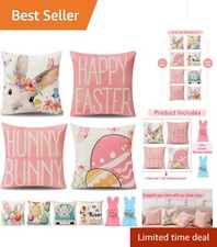 Festive 8-Sided Easter Pillow Covers Set of 4 with Wooden Bunny Decor, 18x18