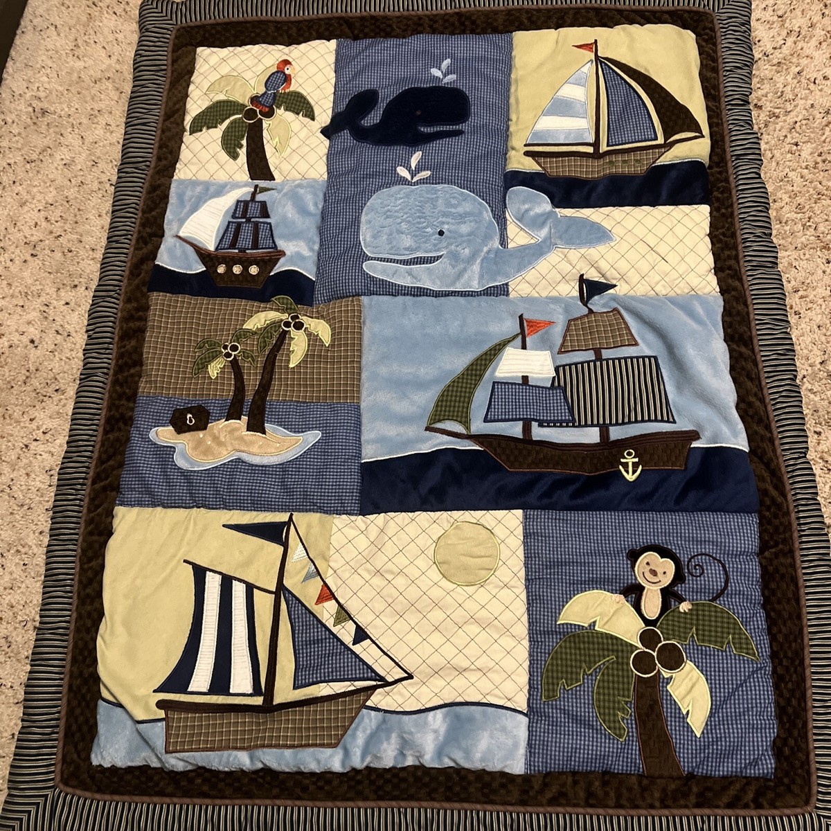 NoJo AHOY MATE Crib Bedding Blanket Pirate Ships Whales Boats Monkey 40”x  32” | eBay
