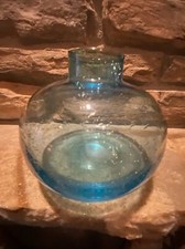 Hand Blown Art Glass Swirl Varying Size Bubbles Turquoise Blue Vase 5  