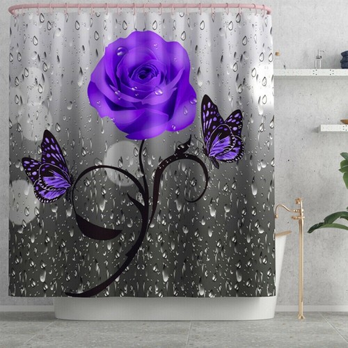 Retro Butterfly Rose Shower Curtain Bathroom Rug Set Bath Mat Toilet Lid Cover. - Picture 7 of 16