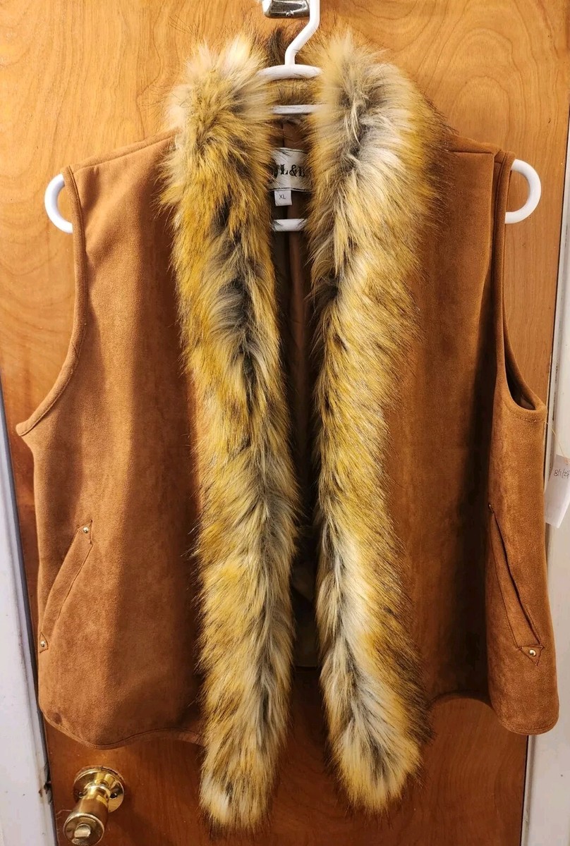 L&B Lucky & Blessed Western Faux Suede Fur Collar Trim Vest Size