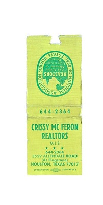 Crissy Mc Feron Realtors Houston Texas Vintage Matchbook Cover