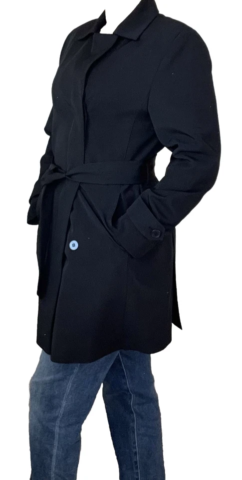 Anne Klein Black Long Trench Coat Belted with Pockets Sz 4P - Image 2 of 4