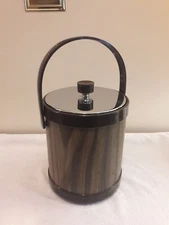 Vintage Retro Barware Atapco Faux Wood Grain / Chrome Lid Round Ice Bucket