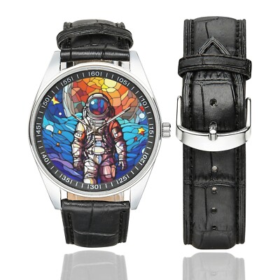 Buntglas Astronautenuhr mit schwarzem Lederband für Erwachsene