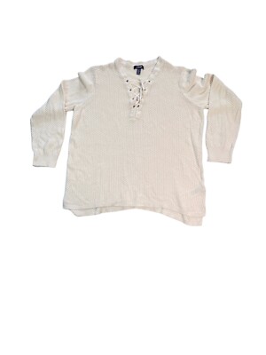 Chaps Sweater Henley Womens Ralph Lauren Linen Blend Ivory Nautical Lace Up 2XL