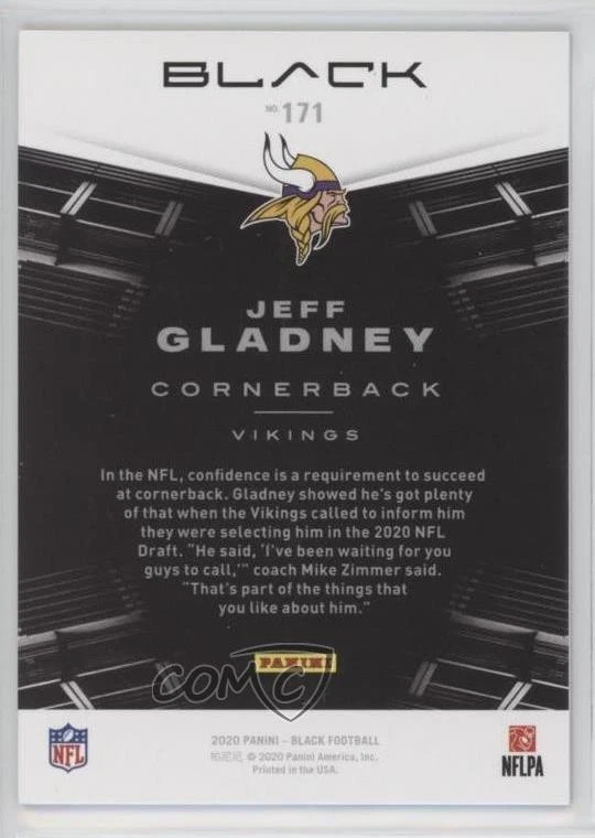 2020 Panini Black Rookies Emerald /10 Jeff Gladney #171 Rookie RC - Image 2 of 2