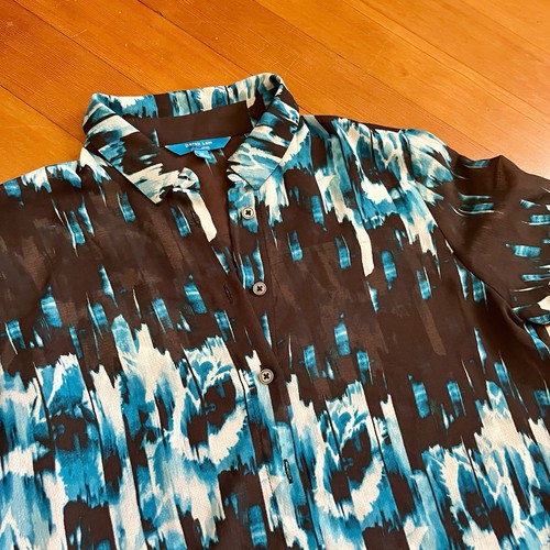Derek Lam 2010s Chiffon Blue & Black Abstract Patterned Button Up Blouse, Size M - Picture 5 of 8