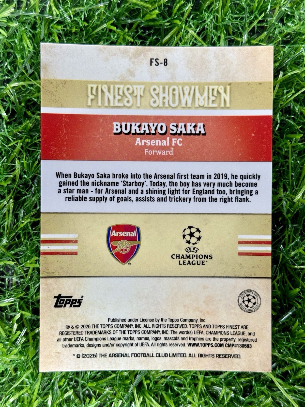 2025-26 Topps Finest UEFA Club Finest Showmen FS-8 Bukayo Saka, Arsenal FC view 2