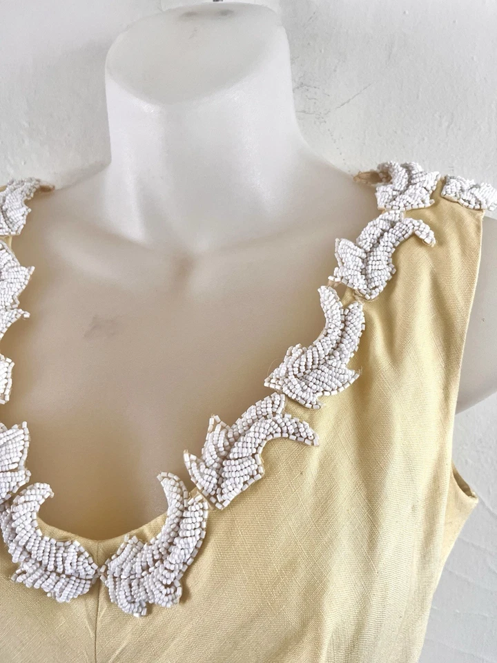 Винтажный 1950-х 60-х годов MOD желтый семена бисером отделки Союза сделано трапециевидный мини-платье 2 XS - Изображение 3 из 4