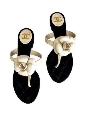 Chanel Black Rubber Camellia Flip Flops Sandals Size 39