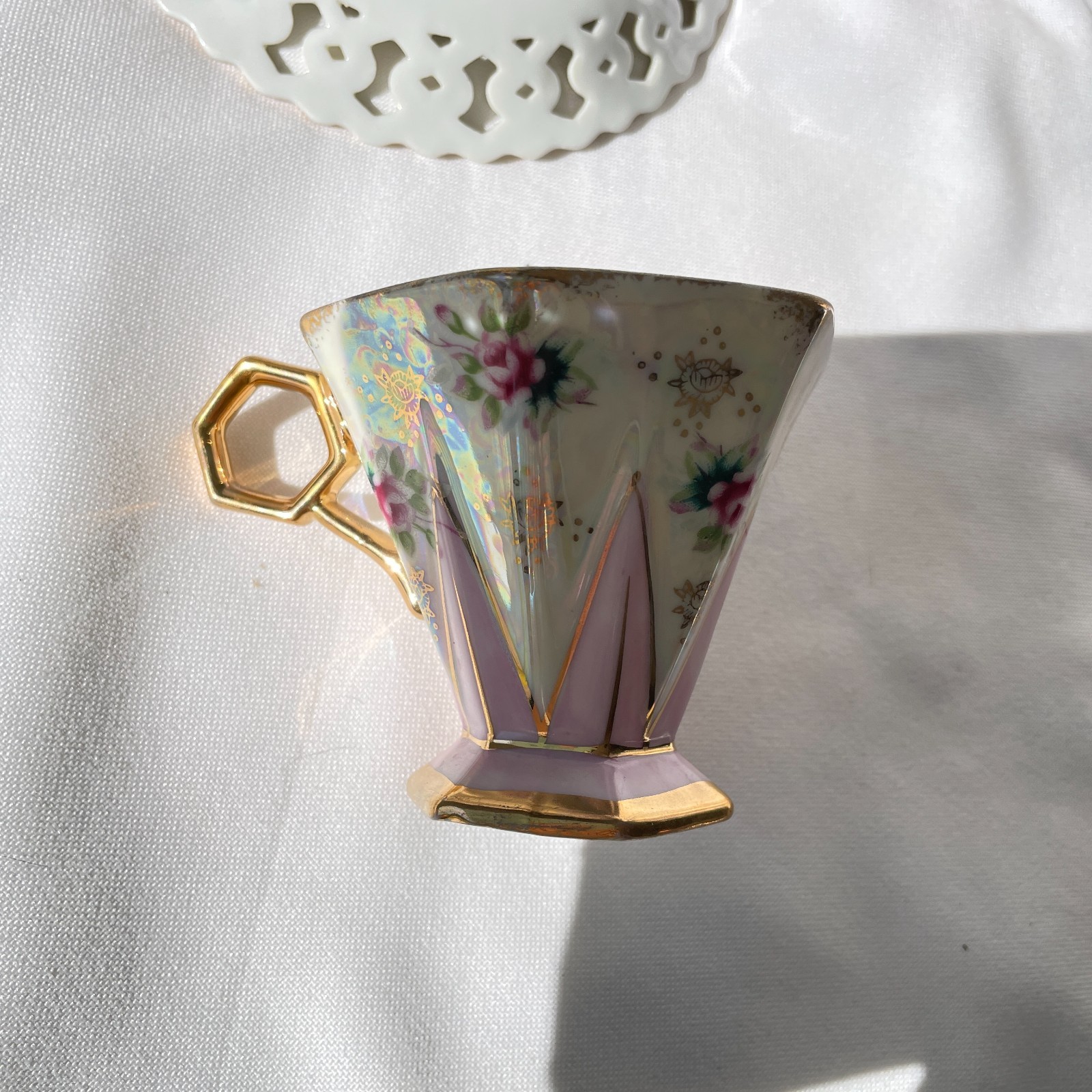 Vintage Bone China Lusterware Footed Teacup Pierced Saucer Small Roses Japan