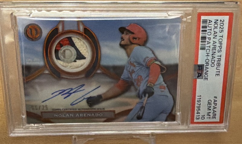 2025 Topps Tribute Nolan Arenado Auto Patch Orange #6/25 PSA 10 Pop 1