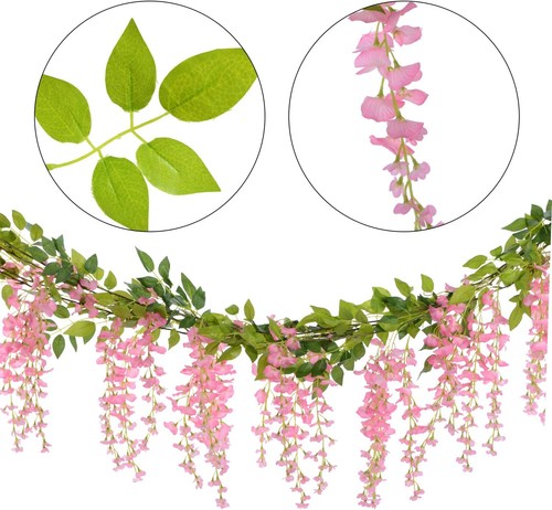 4pcs 28.8ft Artificial Wisteria Garland Pink Silk Hanging Flower Vine Decor - Picture 5 of 7