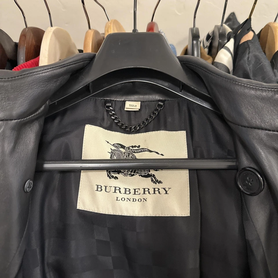 Burberry London Leather Trench Coat Mens 48 Medium Black Double Breasted Belted - Image 3 of 4