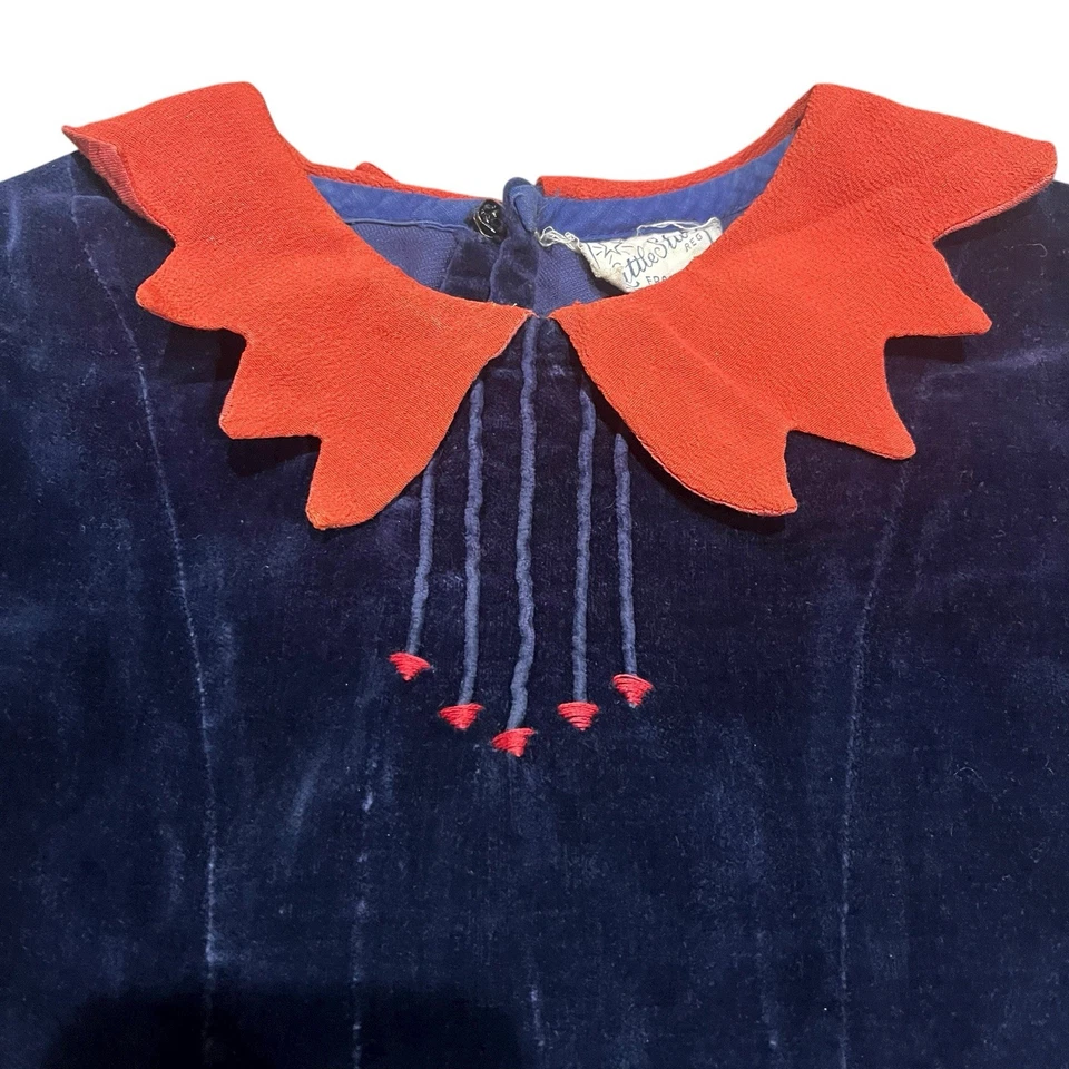 Vestido Vintage Little Stars Niñas Talla 5 Azul Terciopelo Manga Corta Cuello Rojo Fiesta Foto 3 de 4