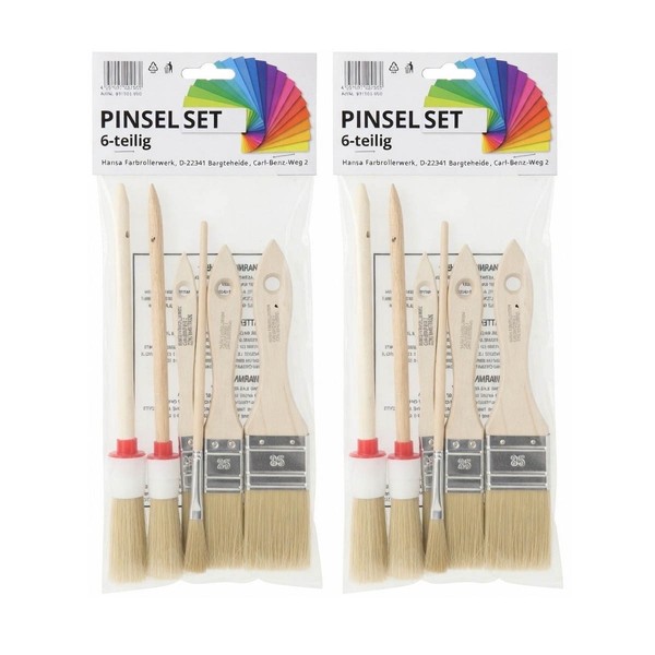 2X Pinsel Set 6 Teilig Rund Flach Borsten Malern Streichen Farben Lacke Lasuren-image