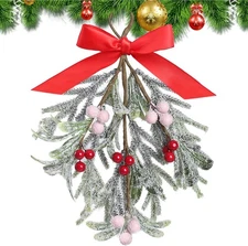 Christmas Artificial Mistletoe Ornament with Red Bow Hanging... 