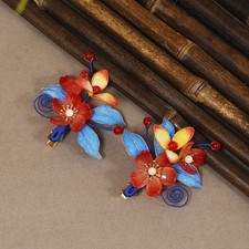 Chinese Style Red Hairpin Set Hanfu Qipao Headpiece Bridal Hair Accessory 2pc