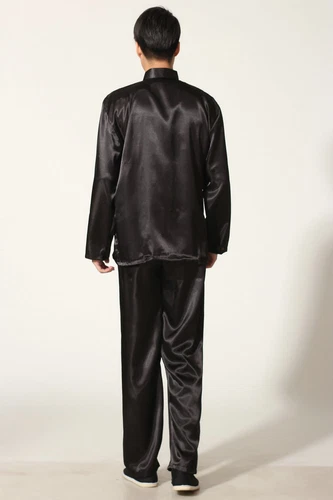 Mens Chinese Kung Fu Silk Suit Pajamas Black White Blue Red Size M- 2XL NEW - Picture 7 of 16