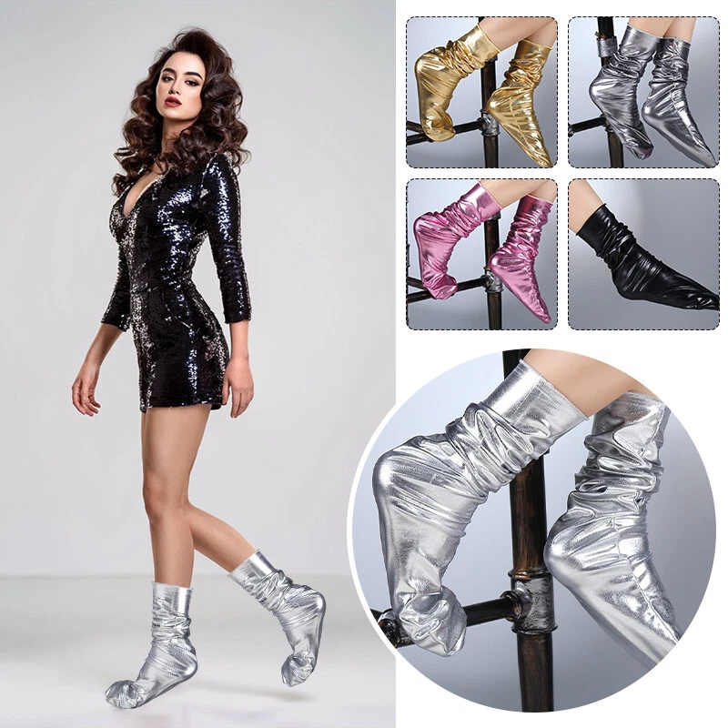 Mujeres Cuero PU Calcetines Discoteca Aspecto Húmedo Club Usar Calcetines Elásticos Crew Calcetines Foto 3 de 4