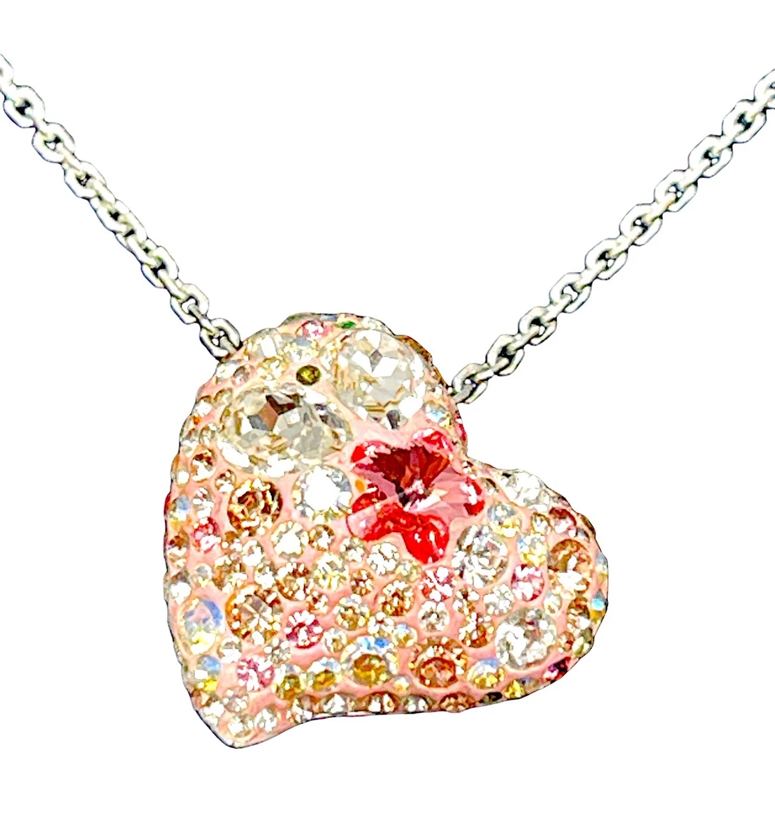 NIB SWAROVSKI RHODIUM CHAIN NECKLACE ALANA PINK CRYSTAL RHINESTONE HEART  PENDANT