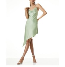 NWT Alice + Olivia Harmony Assymetric Satin Slip Dress in Light Sage, Size 10