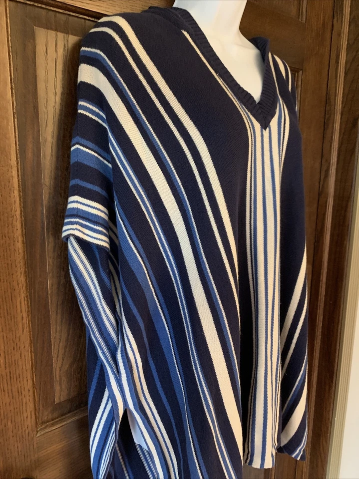 Forever 21 Pullover Sweater Poncho Hooded Blue Beige Striped Size Medium - Image 4 of 4
