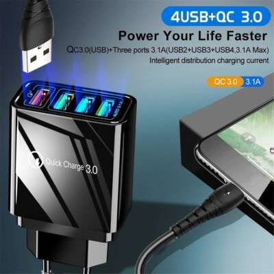 4Ports QC3.0 Quick Charge USB Hub Wand Ladegerät LED Licht Display US EU UK
