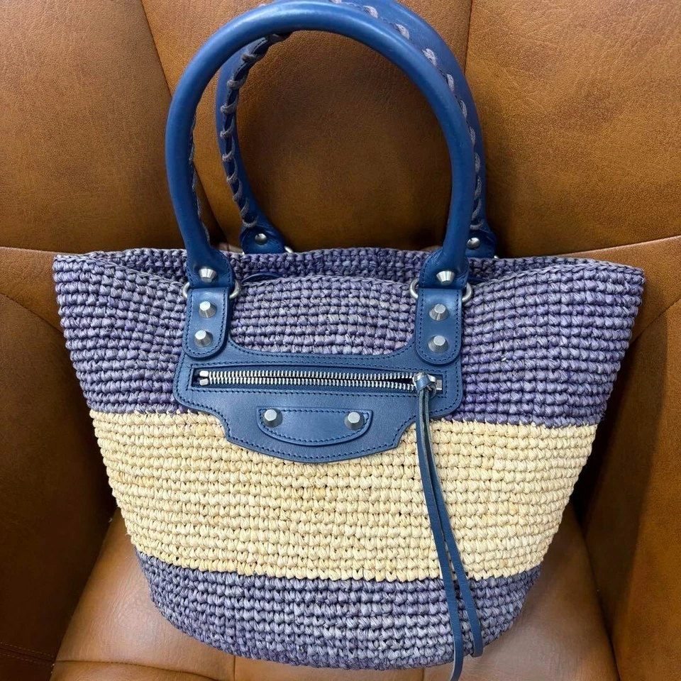 Bolso de Mano Balenciaga Panier XS 466498 Púrpura Beige Rafia 757 Foto 3 de 4