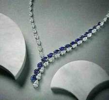 15Ct Pear Cut Lab Created Sapphire V Shape Tennis Necklace 14k White Gold Finish