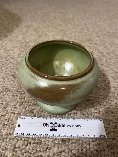 VINTAGE FRANKOMA POTTERY 5.5" PRAIRIE GREEN FOOTED PLANTER PEDESTAL VASE!