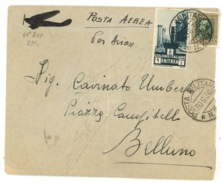Italien Eritrea Luftpost Brief Posta Militare nach Belluno 1936