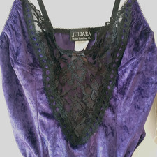 New Vtg Juliara Bodysuit Teddy M Purple Black Lace Velvet Velour Thong