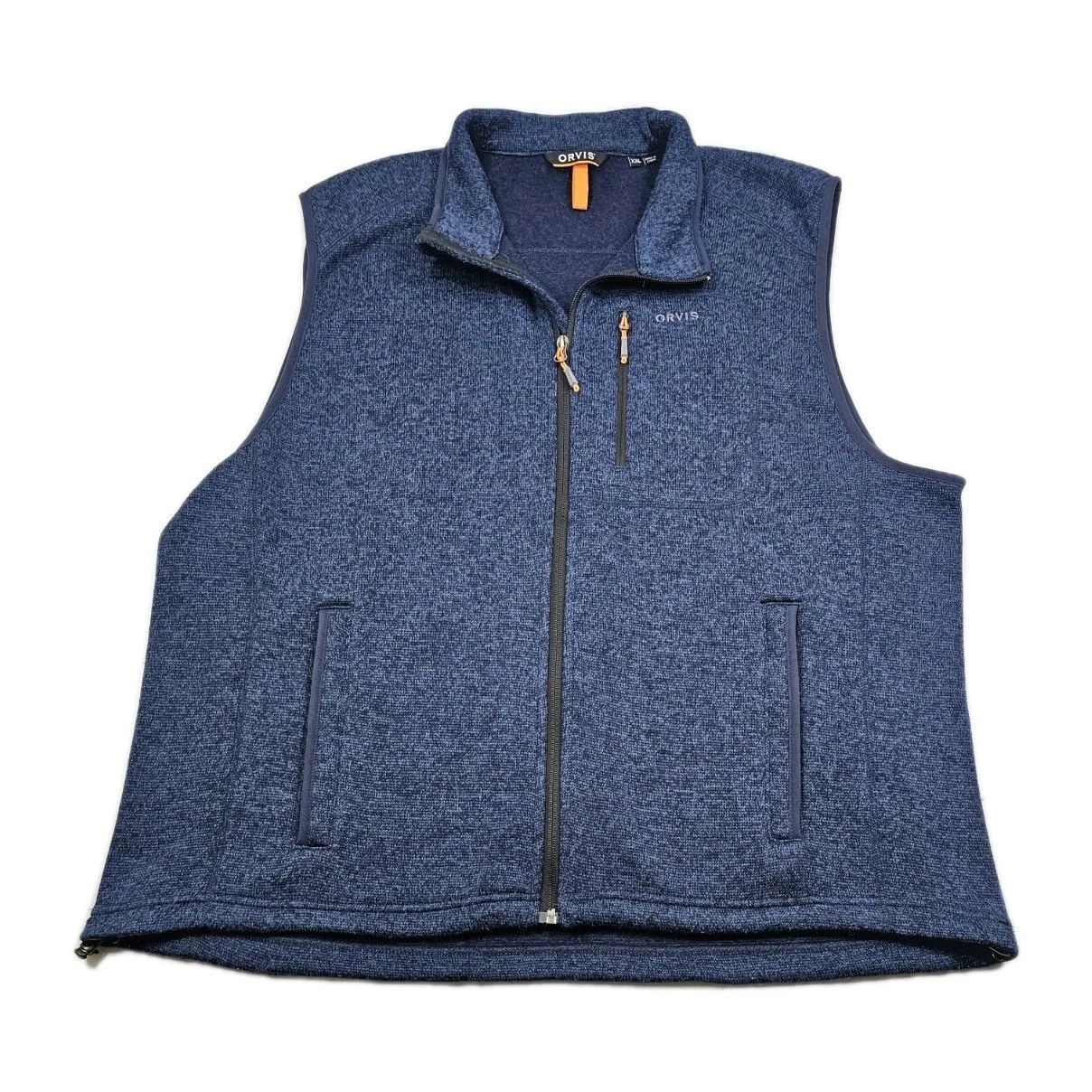 Orvis Mens XXL Brushed Fleece Vest Navy Blue Orange YKK Full Zip Pockets Sweater