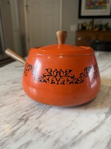 Vintage 70s Midcentury Orange Aluminum Fondue Pot With Wooden Handle Used