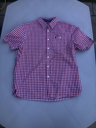 Camisa Musto Para Hombre Extra Grande Roja Blanca Cuadros Guinga Con Botones Manga Corta - Imagen 2 de 14