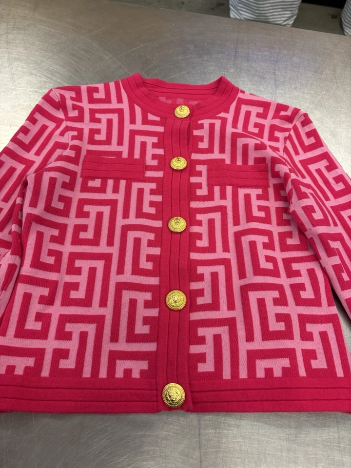 Balmain x Barbie Women's Cropped MonogramCardigan Jacquard Wool Blend Pink - Image 2 of 4