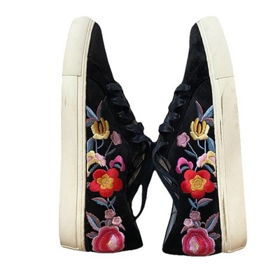 Skechers Floral Embroidered Black Velvet Shoe Rubber Sole Comfort Sneakers 8