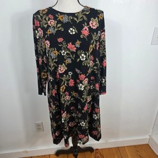 LOFT Floral Shift Dress Womens Medium Black Long Sleeve Knit Casual Knee Length