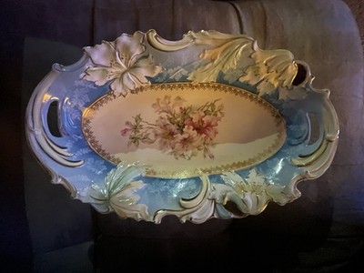 Atq German Axe Alterburge Porcelain Hand Painted Ruffled Edge Gold Trim 13 x 9 