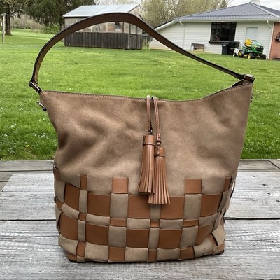 Michael Kors Vivian Large Woven Tan Weave Suede Bucket Hobo Shoulder Bag