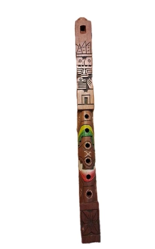 Vintage 19" Hand Carved Wooden Flute / Recorder Painted Folk Art Tiki Totem Pole