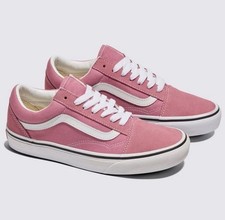 VANS Old Skool Pink White Women's Canvas Low Top Lace Up Athletic Sneakers.