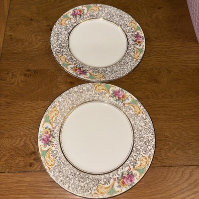 MID CENTURY PALISSY GOLD BLUMEN SPEISETELLER X2 9 1/4''